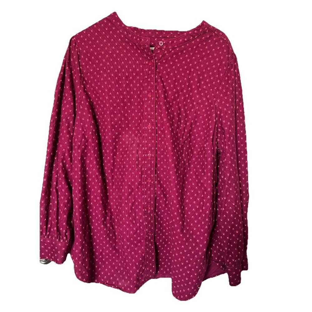 Talbots‎ Button Down Women 2X Burgundy Corduroy Floral Band Collar Long Sleeve